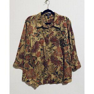 Chaps Top Womens 3X Tan Red Paisley 3/4 Sleeve Cotton Feminine Y2K Lightweight